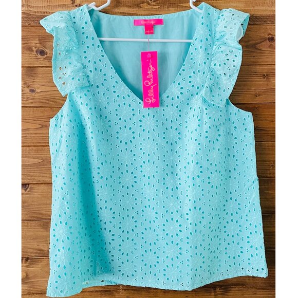 Lina Eyelet Top in Surf Blue Neon Sunburst Eyelet Size L NWT Lilly Pulitzer - Picture 1 of 3